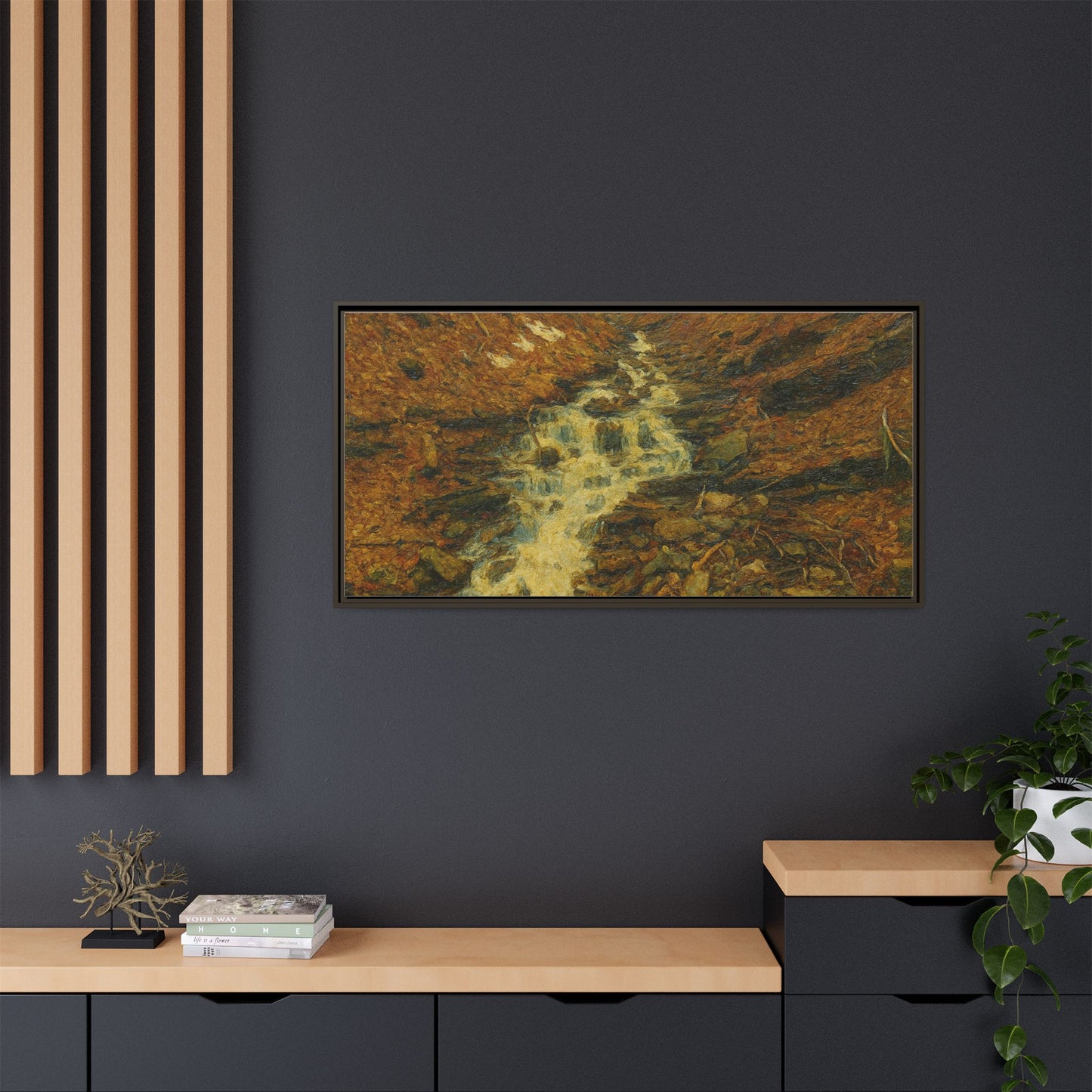 Framed matte canvas print of autumn stream landscape artwork by Printify, showcasing vibrant fall colors and natural scenery.