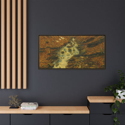 Framed matte canvas print of autumn stream landscape artwork by Printify, showcasing vibrant fall colors and natural scenery.