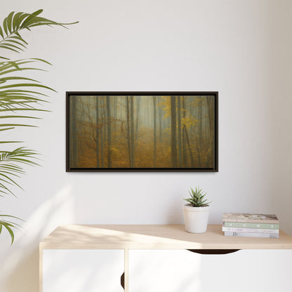 Framed matte canvas wall art of a misty autumn forest, featuring vibrant fall colors and detailed tree silhouettes.
