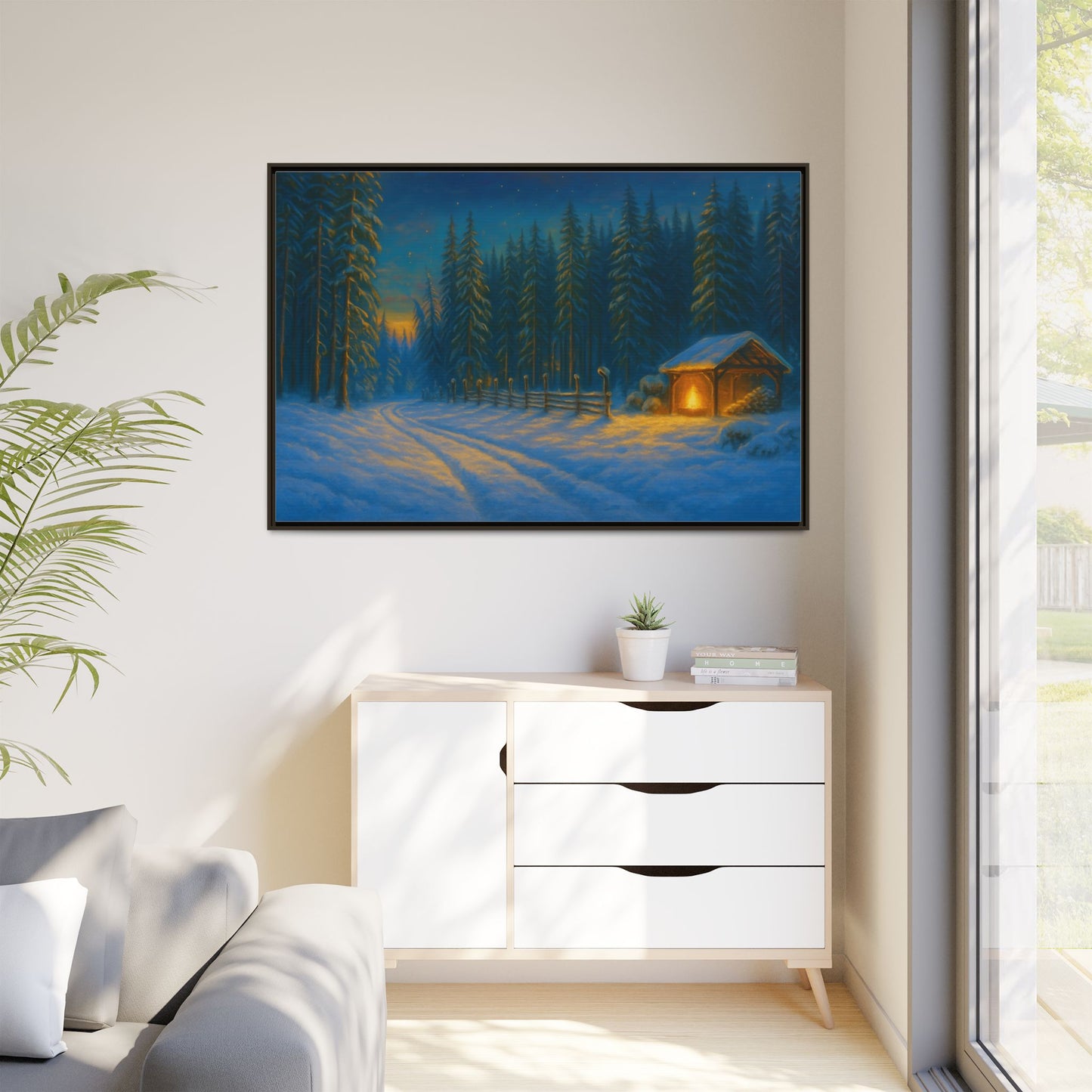 Cozy winter cabin matte framed canvas wall art featuring a snowy forest evening scene by Printify.