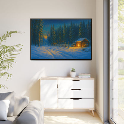 Cozy winter cabin matte framed canvas wall art featuring a snowy forest evening scene by Printify.