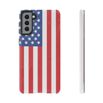 American flag tough phone case for iPhone and Samsung, durable patriotic protective cover with bold flag design.