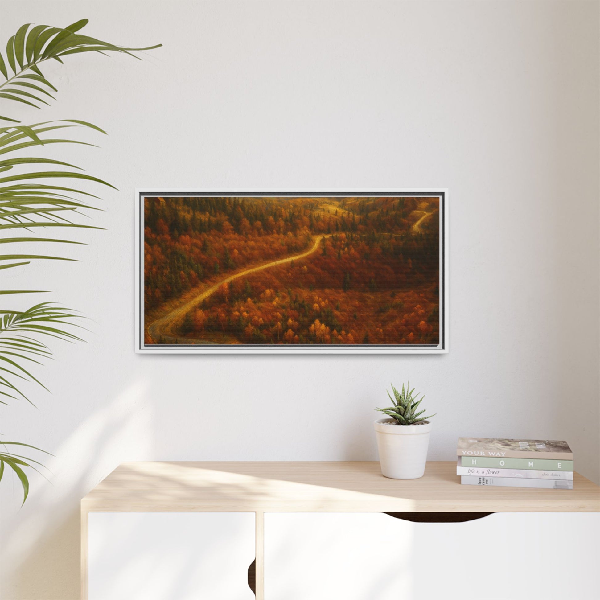 Framed matte canvas print of autumn forest road landscape wall art by Printify, showcasing vibrant fall trees and scenic nature scene.