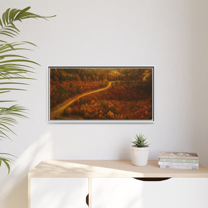 Framed matte canvas print of autumn forest road landscape wall art by Printify, showcasing vibrant fall trees and scenic nature scene.