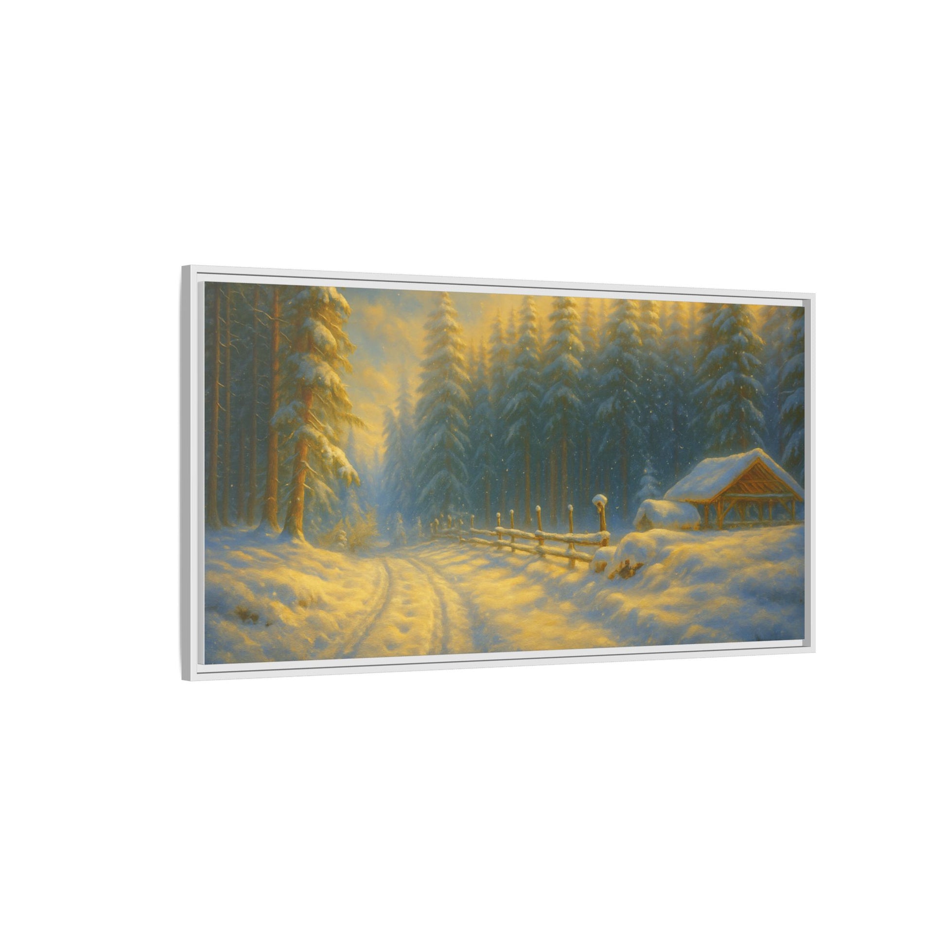 Framed winter cabin canvas print by Printify showing a snowy forest sunset scene, perfect for wall decor.