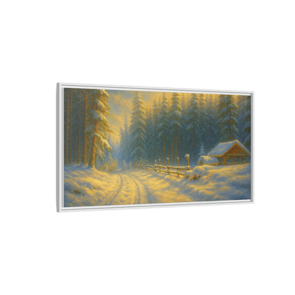 Framed winter cabin canvas print by Printify showing a snowy forest sunset scene, perfect for wall decor.