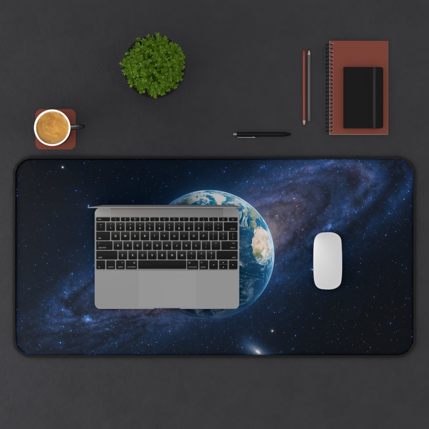 Earth in Galaxy desk mat featuring a space planet design, ideal for computer mousepads and desk accessories.