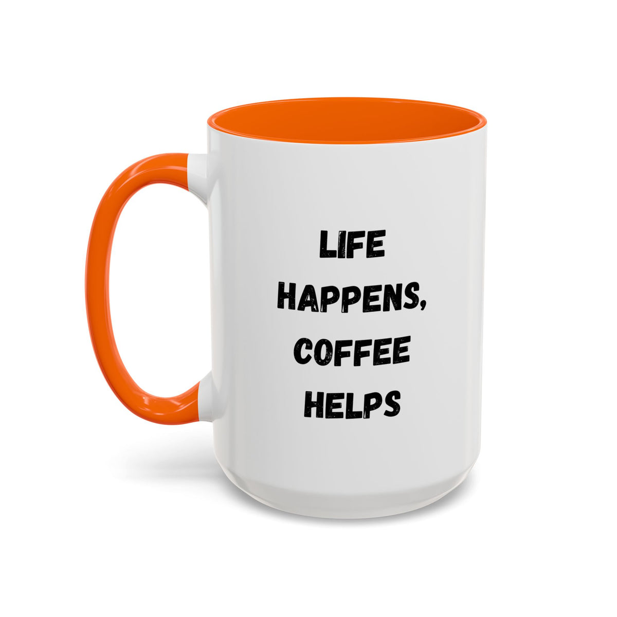 Black ceramic mug with "Life Happens Coffee Helps" text, 11oz or 15oz size, with a black handle and rim, by Printify.