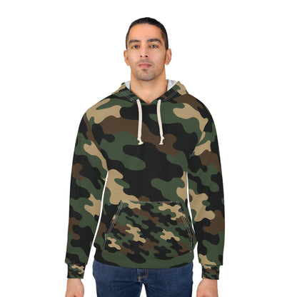 Green woodland camouflage Printify hoodie with all-over print design, featuring a cozy pullover style and camo pattern.