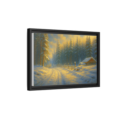 Framed winter cabin canvas print featuring a snowy forest sunset, wall art by Printify showcasing a cozy winter scene.