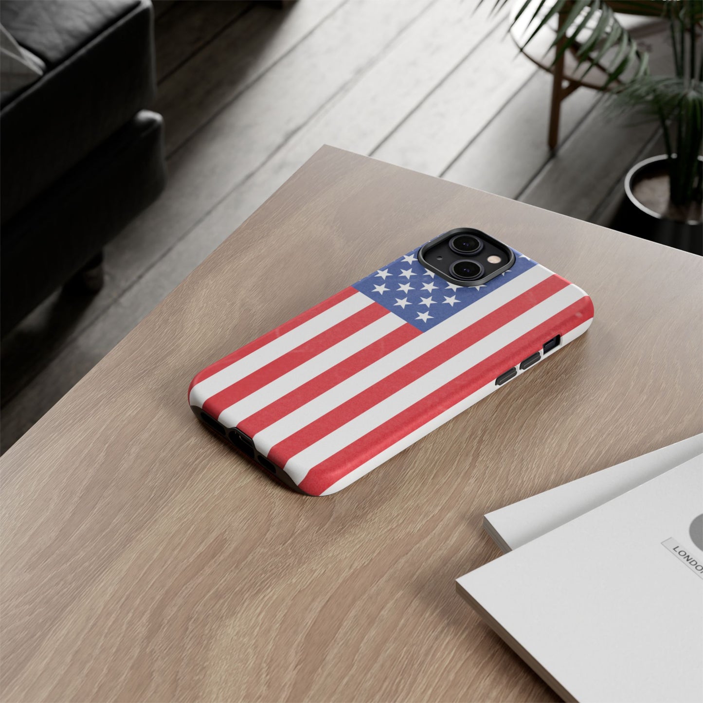 American flag tough phone case for iPhone and Samsung, patriotic protective cover with bold flag design by Printify