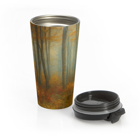 Stainless steel travel mug with Misty Autumn Forest fall trees landscape design by Printify, featuring a scenic autumn forest image.