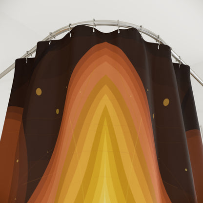 Layered Flame Geode shower curtain by Printify featuring abstract warm tones and fiery design in a modern bathroom setting.