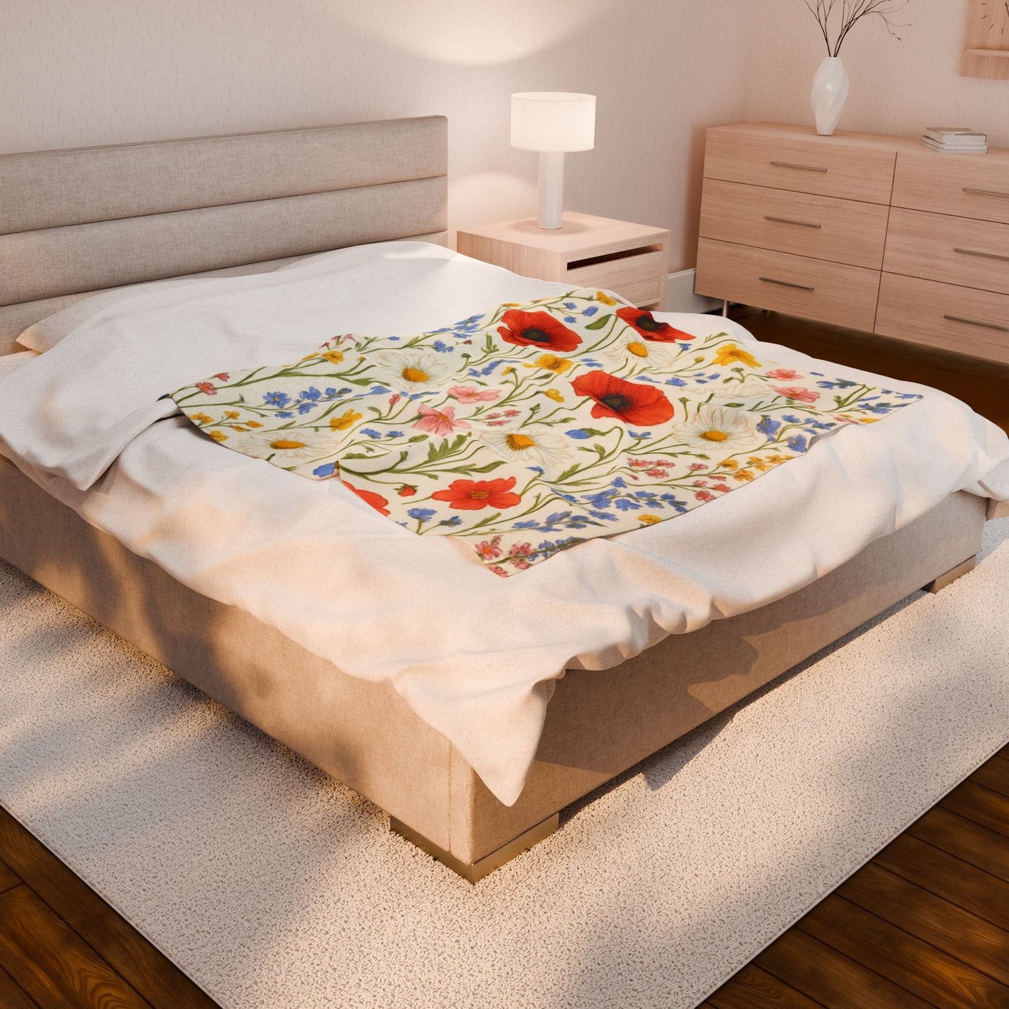 Wildflower Meadow Velveteen Plush Blanket | Poppy Daisy Floral Throw - TRV