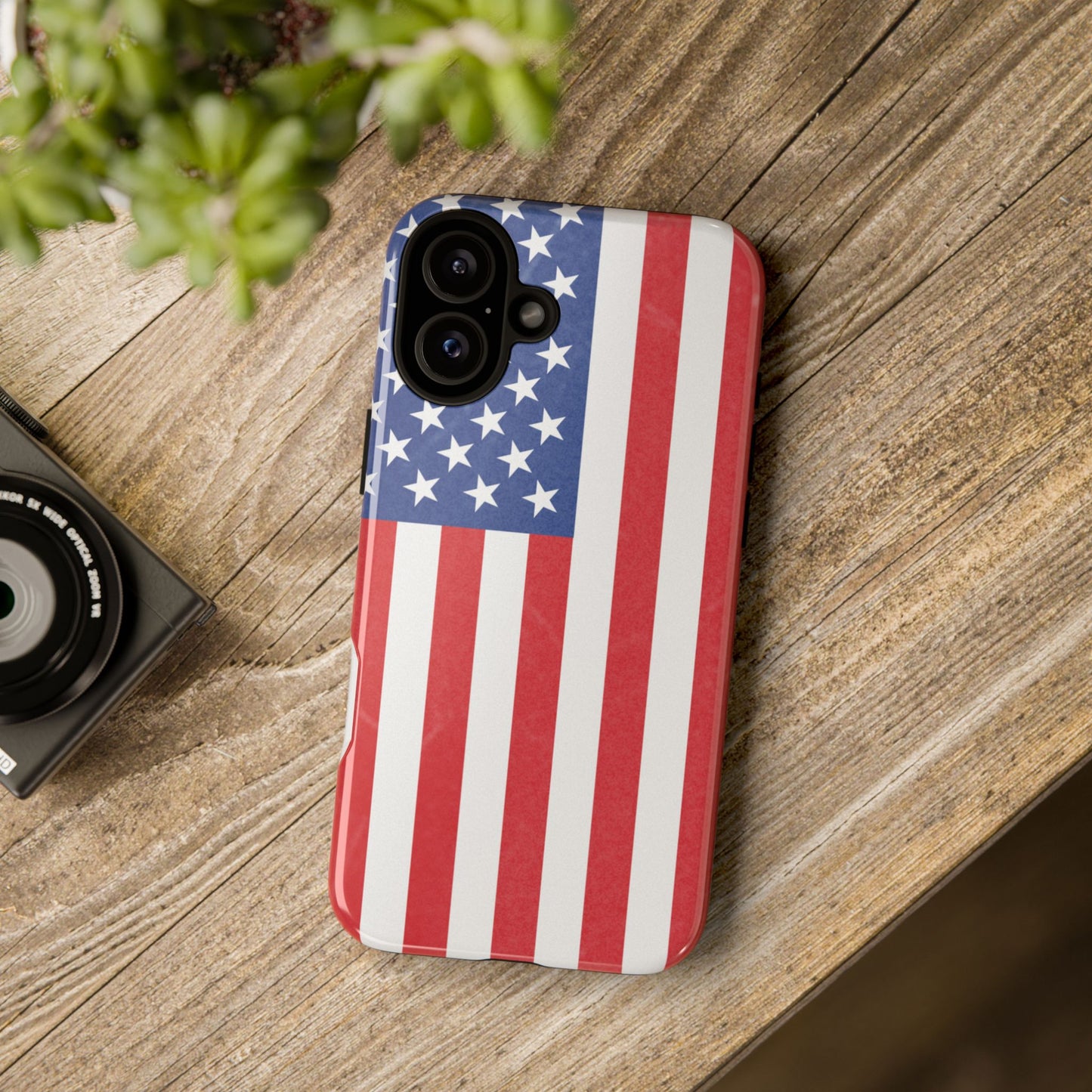 American flag tough phone case for iPhone and Samsung, patriotic protective cover with bold flag design by Printify.