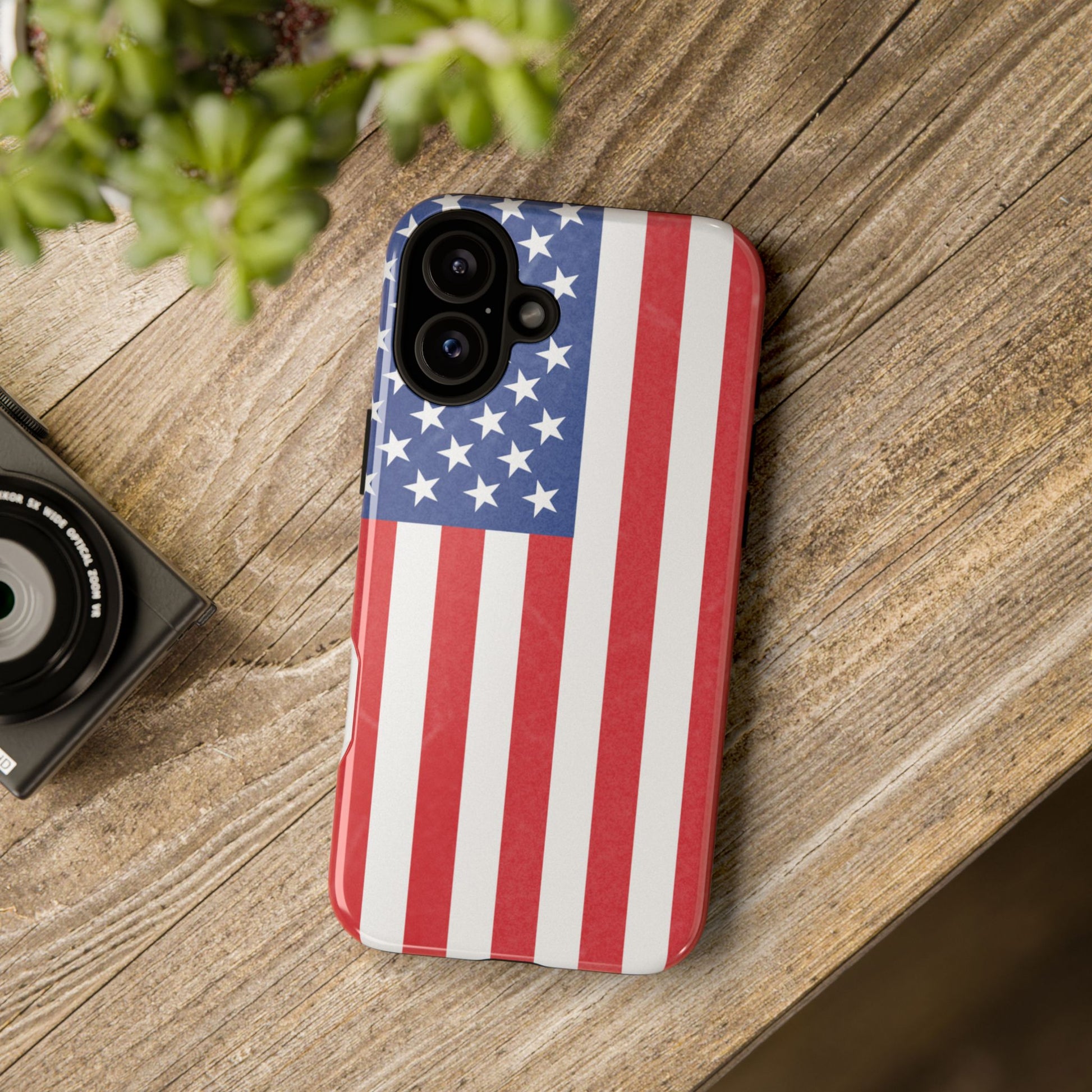 American flag tough phone case for iPhone and Samsung, patriotic protective cover with bold flag design by Printify.