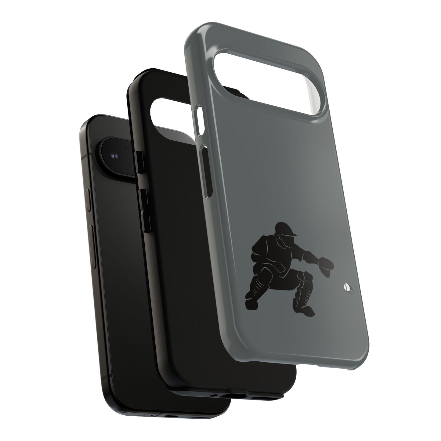 Printify baseball catcher phone case in tough protective cover, featuring a baseball glove and ball graphic on a clear background.