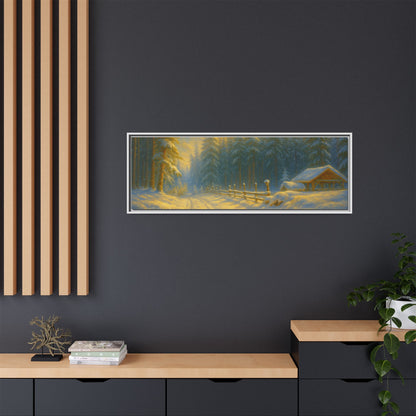 Framed winter cabin canvas print featuring a snowy forest sunset, wall art by Printify showcasing a cozy winter scene.