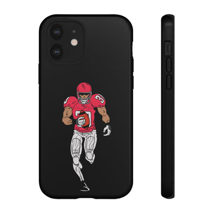 Black football player tough phone case for iPhone, protective sports-themed case by Printify featuring athletic design.