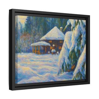 Framed matte canvas wall art of a snowy cabin winter landscape, showcasing a cozy winter scene by Printify