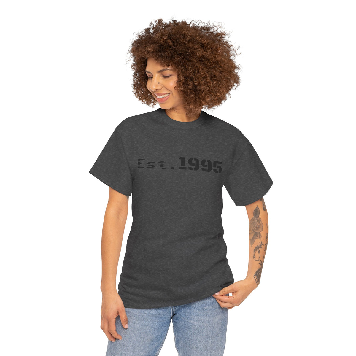 Vintage beige Est. 1995 T-shirt by Printify featuring minimalist birthday design and classic fit.