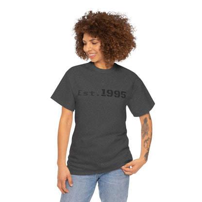 Vintage beige Est. 1995 T-shirt by Printify featuring minimalist birthday design and classic fit.