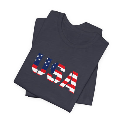 USA Flag Text Tee — Patriotic Fourth of July T-Shirt