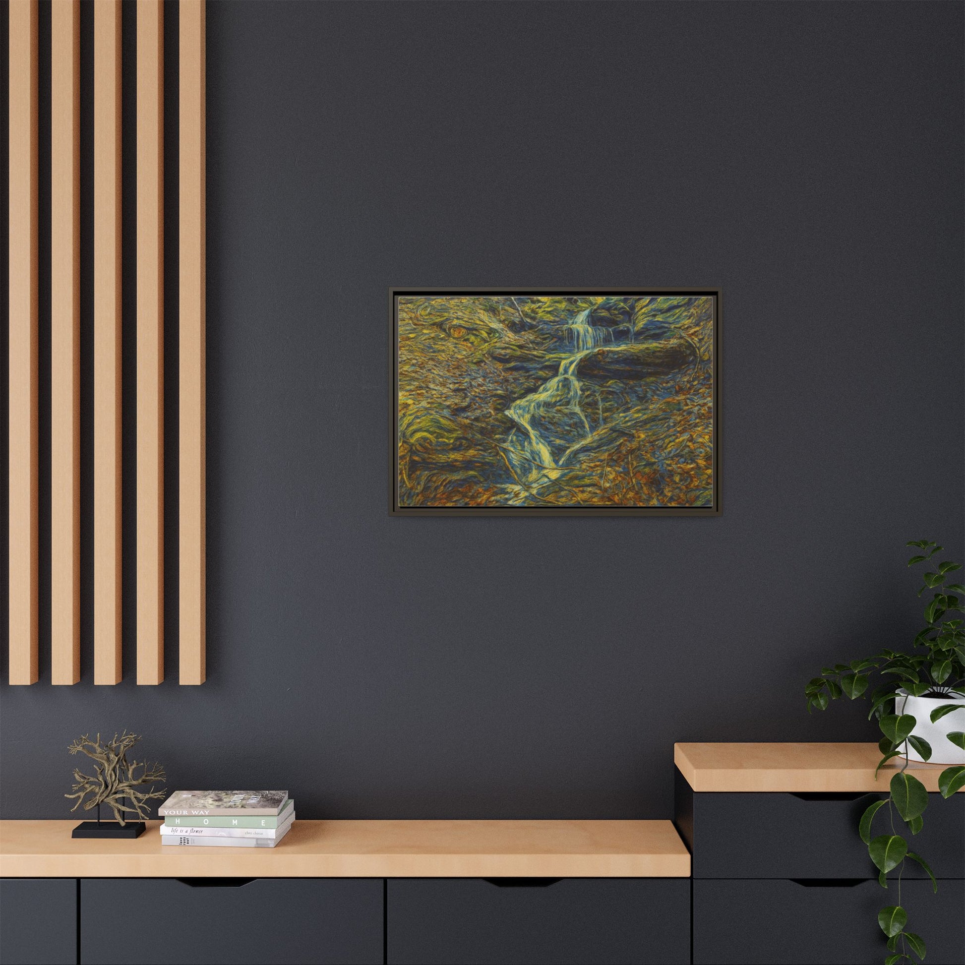 Framed matte canvas wall art featuring an autumn forest with a waterfall, showcasing natural landscape and vibrant fall colors.