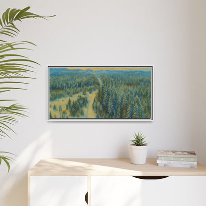 Framed matte canvas print of a serene winter forest landscape, featuring snow-covered trees and peaceful winter scenery.