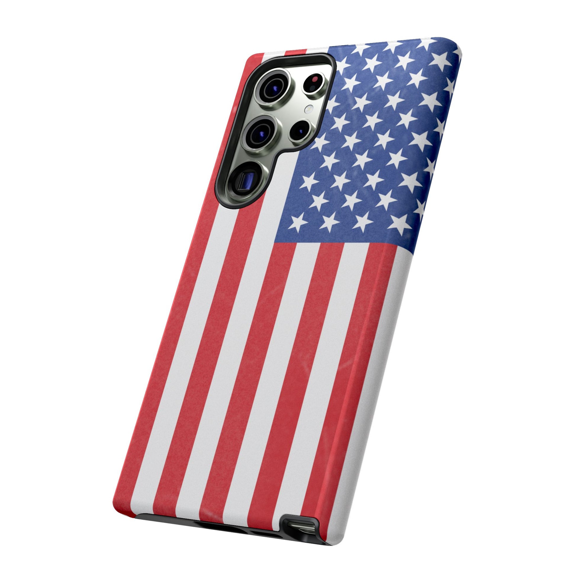 Durable American flag tough phone case for iPhone with patriotic design, made by Printify, offering protection and style.