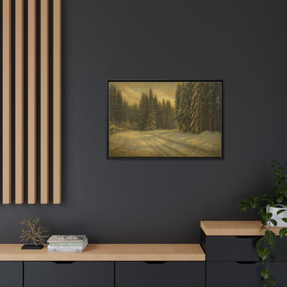 Framed matte canvas wall art featuring a winter forest landscape, showcasing snowy trees and serene woodland scene by Printify.