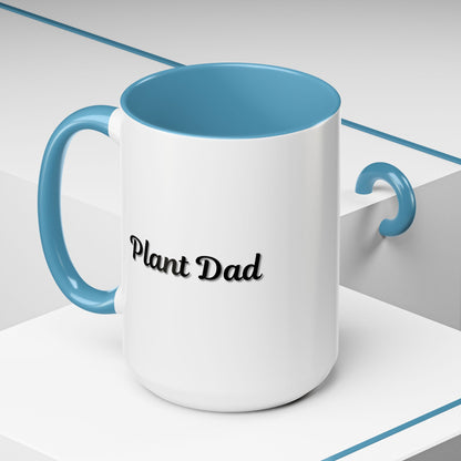 Black-handle Plant Dad coffee mug with plant-themed design, available in 11oz and 15oz sizes, perfect for plant lovers.