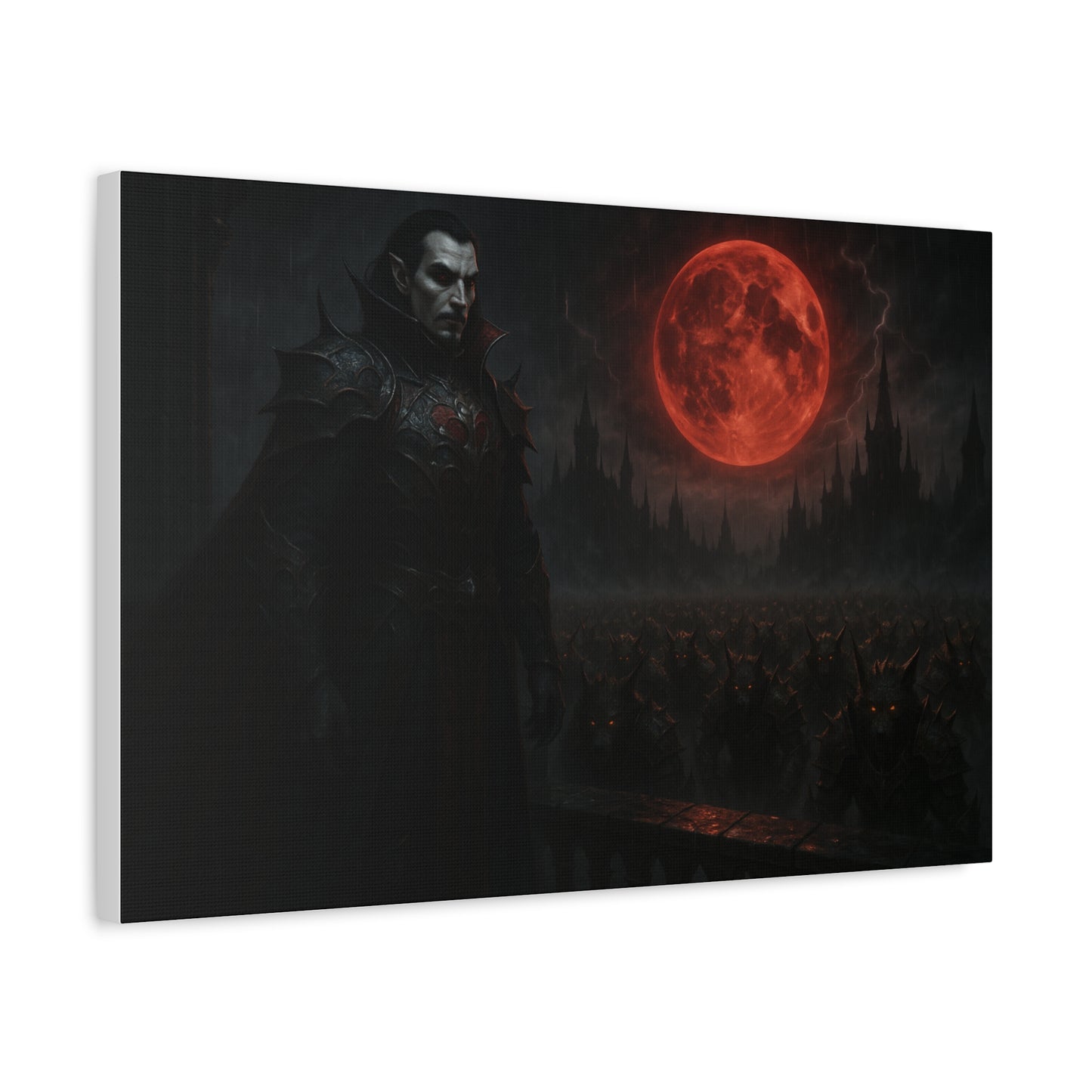 Red moon vampire lord print on matte canvas, featuring dark, gothic artwork with a striking vampire figure and moonlit background.