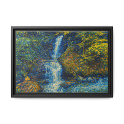 Framed matte canvas print of an impressionist waterfall wall art by Printify, showcasing vibrant colors and textured brushstrokes.