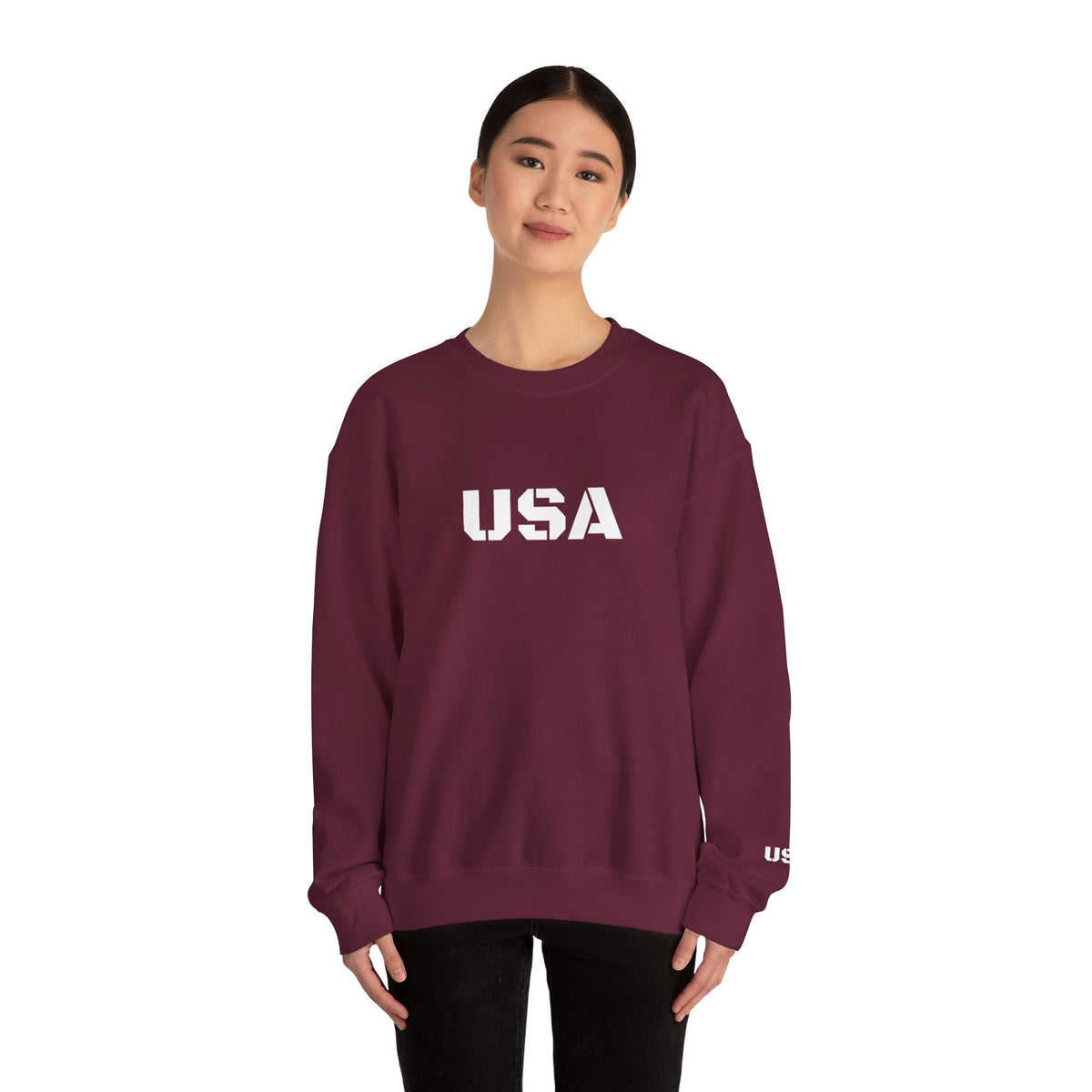 Printify USA crewneck sweatshirt featuring patriotic design, cozy fit, perfect for casual wear and seasonal gifting.