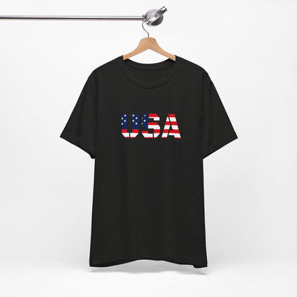 USA Flag Text Tee — Patriotic Fourth of July T-Shirt
