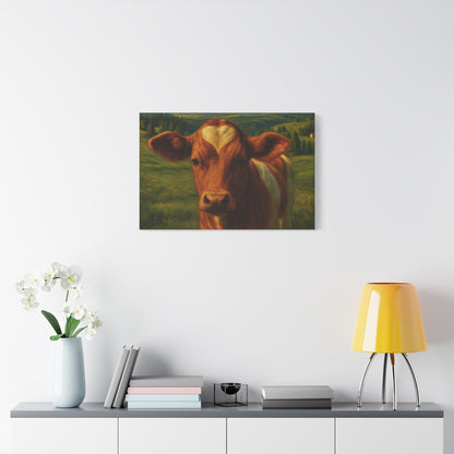 Canvas print of a cow portrait featuring a heart-shaped mark on its forehead, farm animal wall art by Printify.