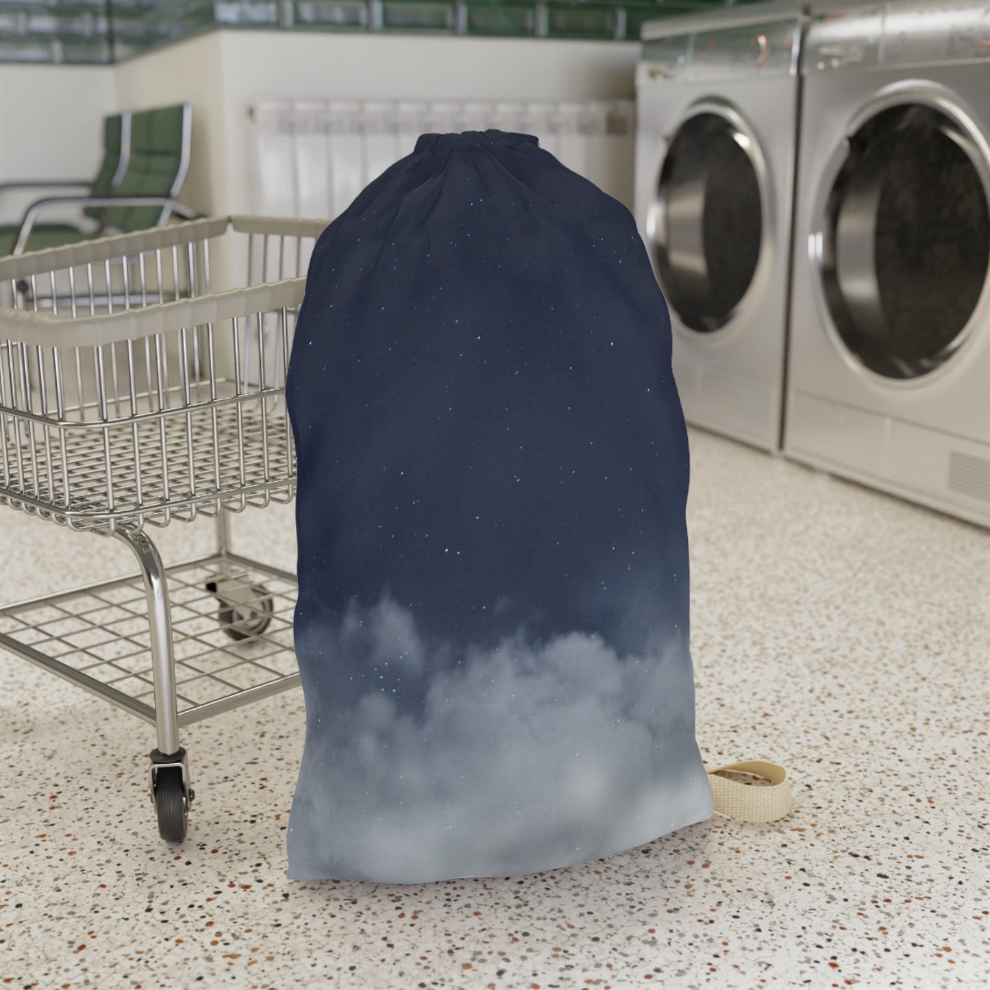 Night Sky Clouds laundry bag by Printify, drawstring canvas tote with celestial cloud design for laundry storage.