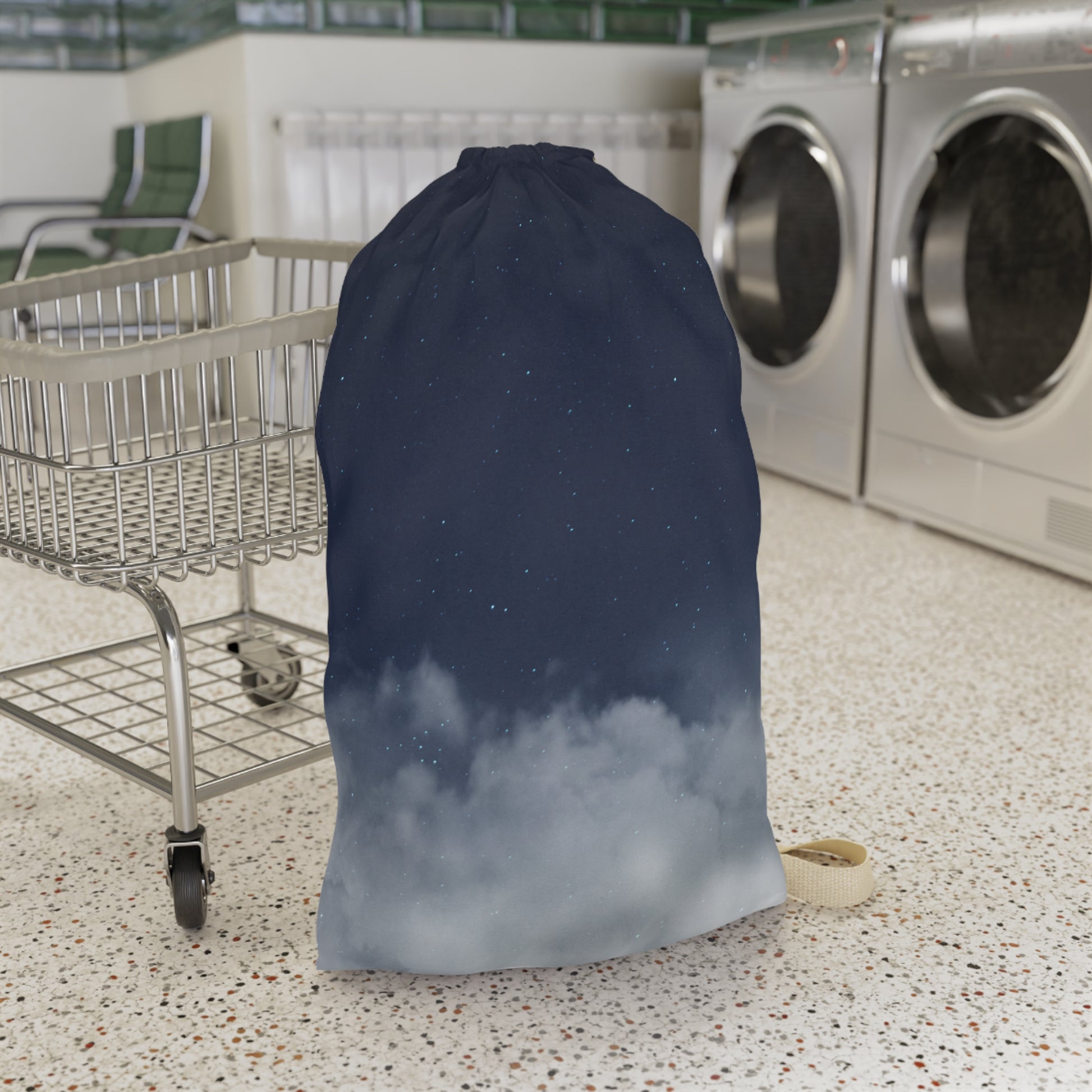 Night Sky Clouds laundry bag by Printify, drawstring canvas tote with celestial cloud design for laundry storage.