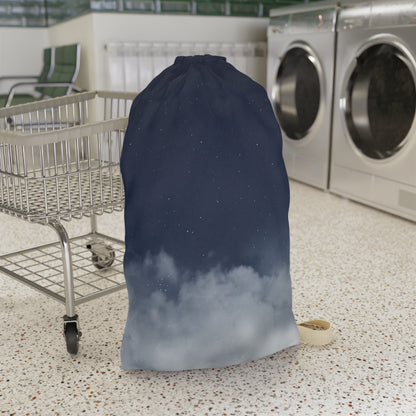 Night Sky Clouds laundry bag by Printify, drawstring canvas tote with celestial cloud design for laundry storage.