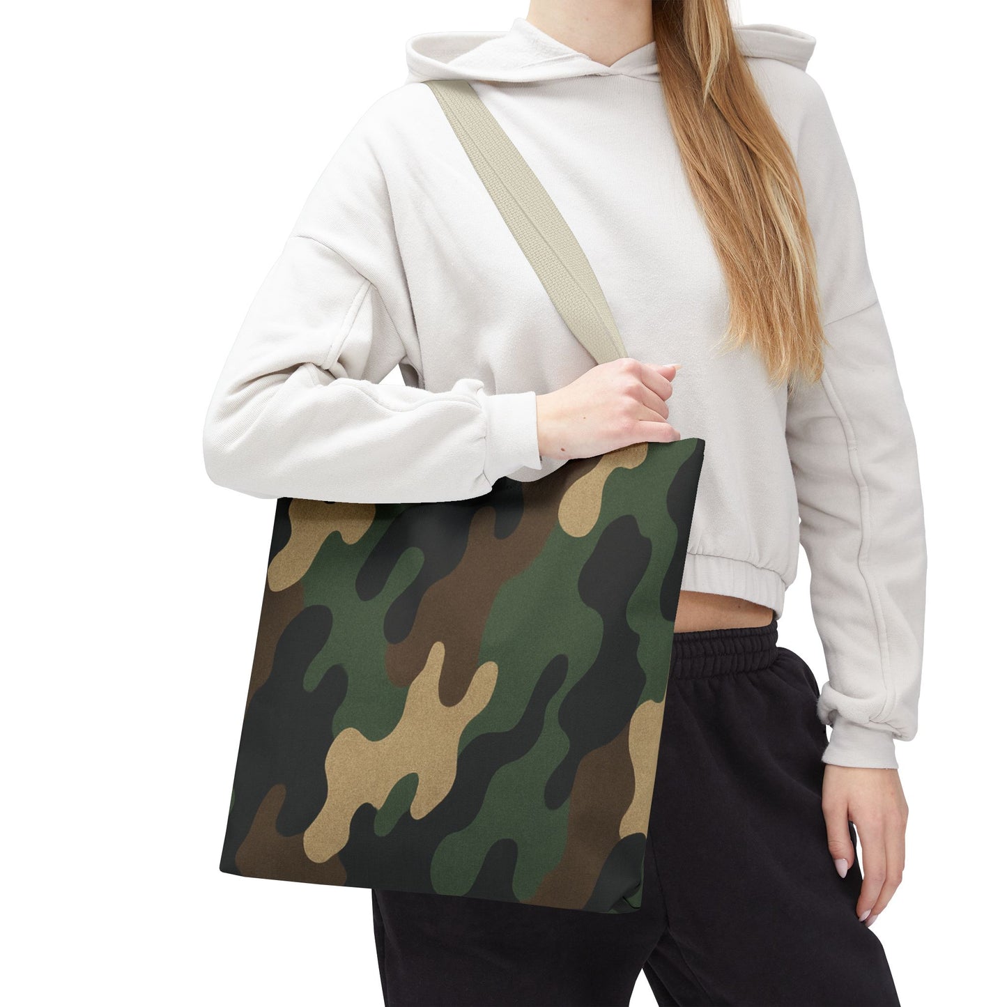Camo pattern tote bag by Printify, all-over print canvas carryall with sturdy handles and spacious interior for everyday use.
