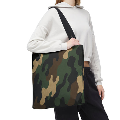 Camo pattern tote bag by Printify made of canvas with all-over camouflage print, spacious carryall for everyday use.