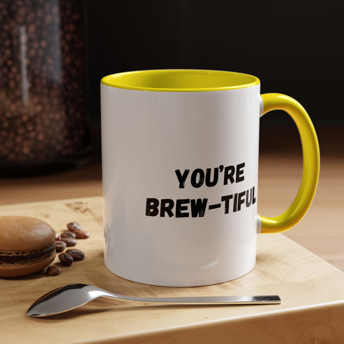 You’re Brew-tiful Coffee Mug – Cute Coffee Pun Accent Mug (11/15oz) — white ceramic accent mug with glossy finish and bold black “YOU’RE BREW-TIFUL” print, top-down view
