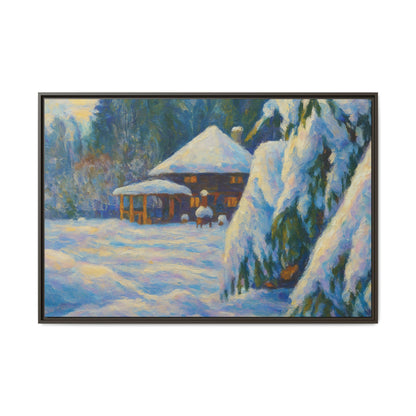 Framed matte canvas print of a snowy cabin winter landscape wall art by Printify, featuring a cozy cabin surrounded by snow-covered trees.
