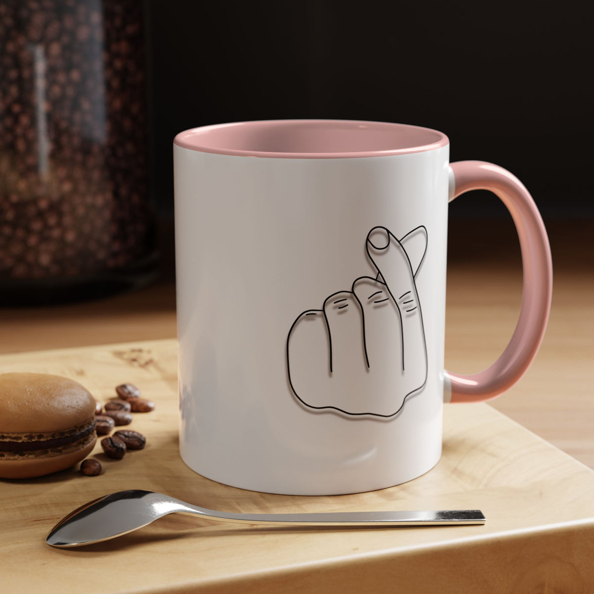 White ceramic coffee mug with minimal Korean finger heart accent design, 11oz capacity, by Printify.