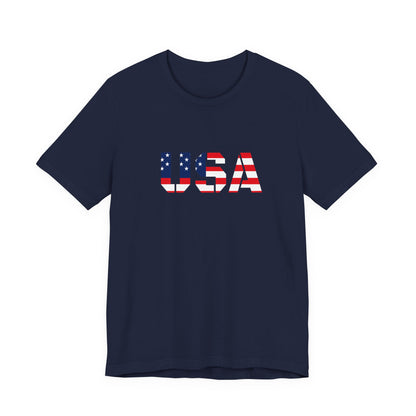 White T-shirt featuring a USA flag and patriotic text, ideal for Fourth of July celebrations, by Printify.
