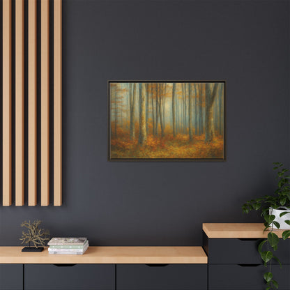 Framed autumn forest canvas print featuring misty woodland scene, wall art by Printify showcasing nature-inspired decor.