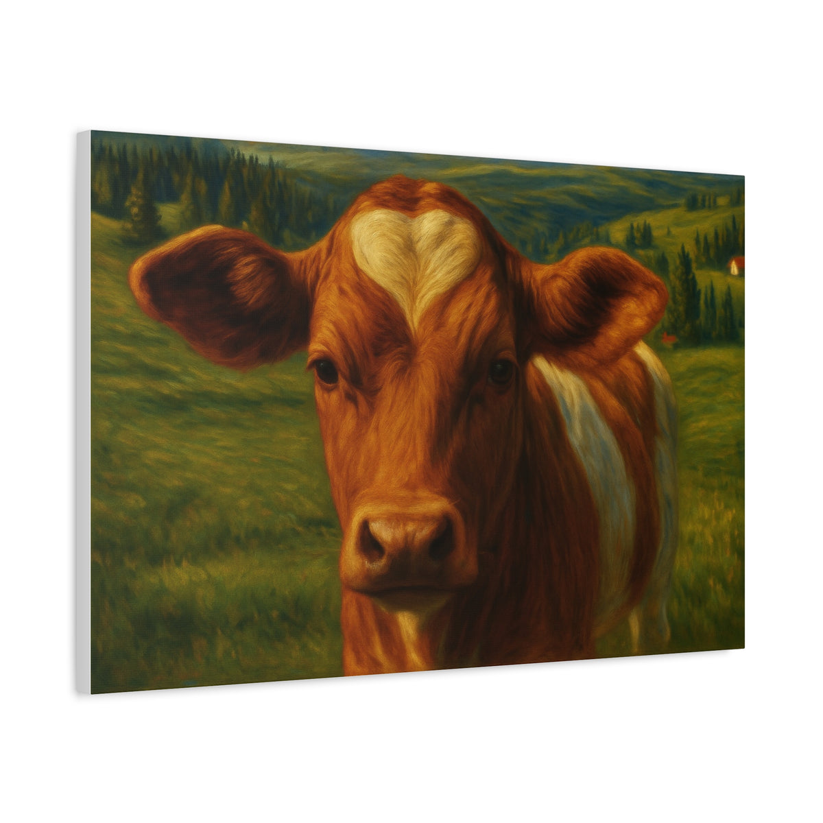 Cow Portrait Canvas Print — canvas wall art of a cow with a heart-shaped forehead marking, close-up of the printed design