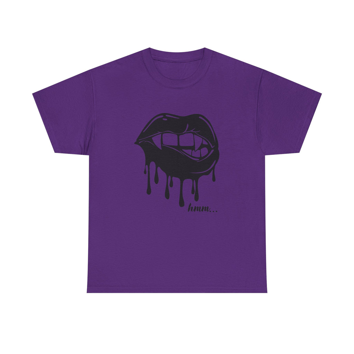 Black graphic T-shirt by Printify featuring a dripping lips design with the text "hmm..." in a bold, artistic style.