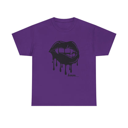 Black graphic T-shirt by Printify featuring a dripping lips design with the text "hmm..." in a bold, artistic style.
